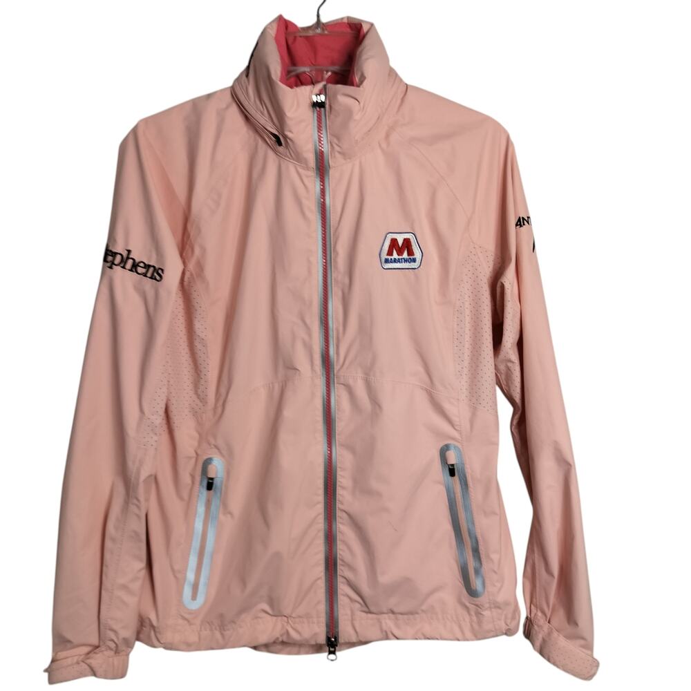 5035)Zero Exposure Pink Hooded Olivia Jacket with sponsored logos Medium